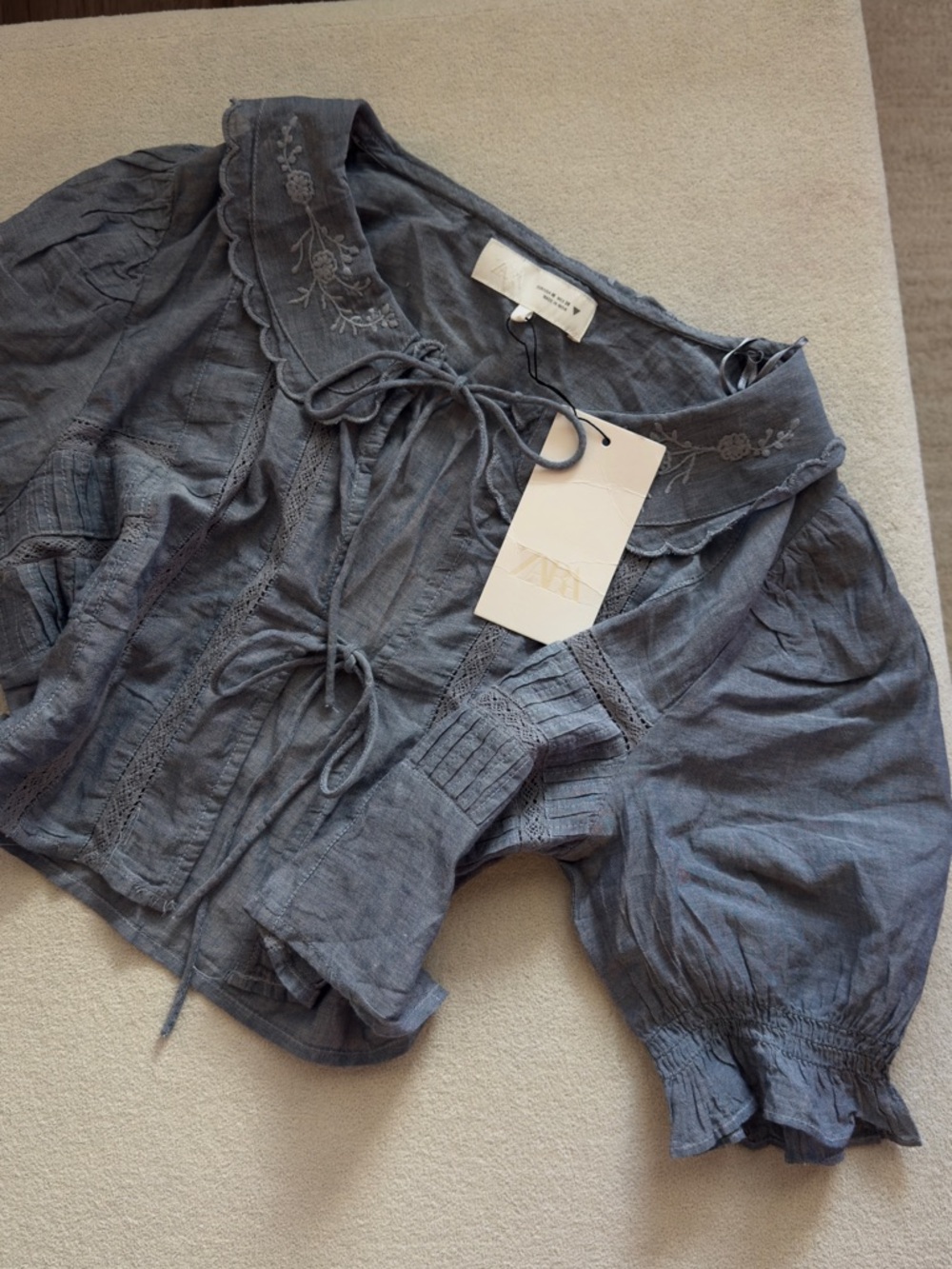 Zara Blue Embroidered Peasant Blouse